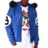 Eight Ball Blue Men's Bomber Shearling Fur Hood Leather Jacket