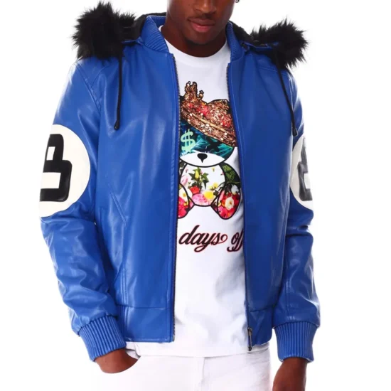 Eight Ball Blue Men's Bomber Shearling Fur Hood Leather Jacket