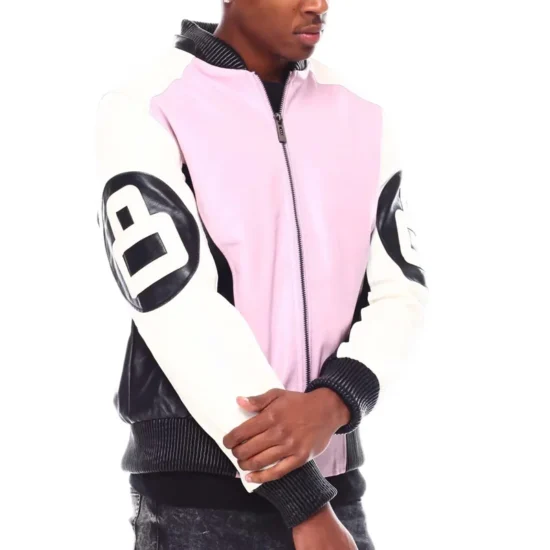 Eight Ball Color Block Light Pink and Black Faux Fur Hood Bomber Leather Jacket