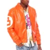 Eight Ball Color Block Orange and White Fur Hooded Bomber Leather Jacket