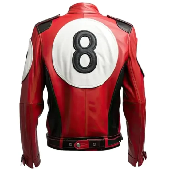 Eight Ball Men's Billiard Cue Red & White Bomber Sheepskin Leather Jacket