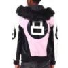 Eight Ball Men's Color Block Pink and Black Faux Fur Hood Bomber Leather Jacket
