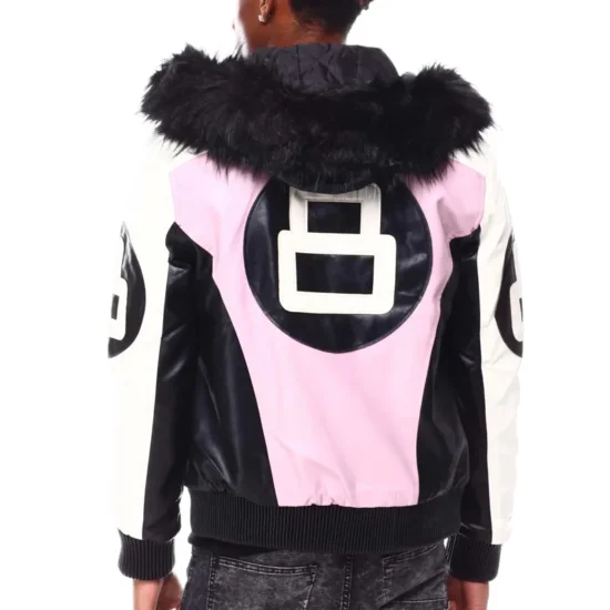 Eight Ball Men's Color Block Pink and Black Faux Fur Hood Bomber Leather Jacket