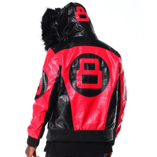 Eight Ball Men's Color Block Red Fur Hooded Bomber Leather Jacket