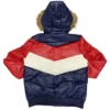 Eight Ball Men's Navy Blue & Red Fur Hood Sheepskin Leather Jacket