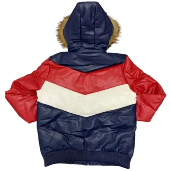 Eight Ball Men's Navy Blue & Red Fur Hood Sheepskin Leather Jacket