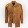 Elegant Men’s Suede Fringe Brown Leather Jacket Front