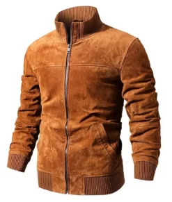 Elijah Men’s Brown Slim-Fit Ribbed Suede Leather Bomber Jacket