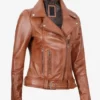 Elisa Asymmetrical Women's Brown Full Grain Leather Motorcycle Jacket with Belted Waist