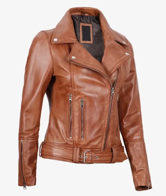 Elisa Asymmetrical Women's Brown Full Grain Leather Motorcycle Jacket with Belted Waist