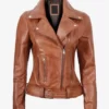 Elisa Asymmetrical Women's Brown Top Grain Leather Motorcycle Jacket with Belted Waist