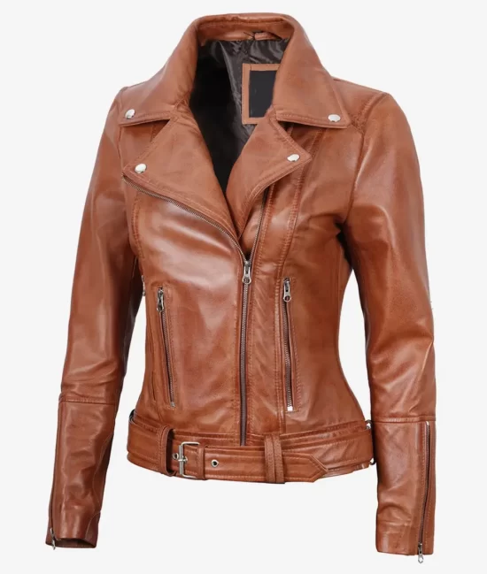 Elisa Asymmetrical Women's Full Grain Leather Motorcycle Jacket with Belted Waist