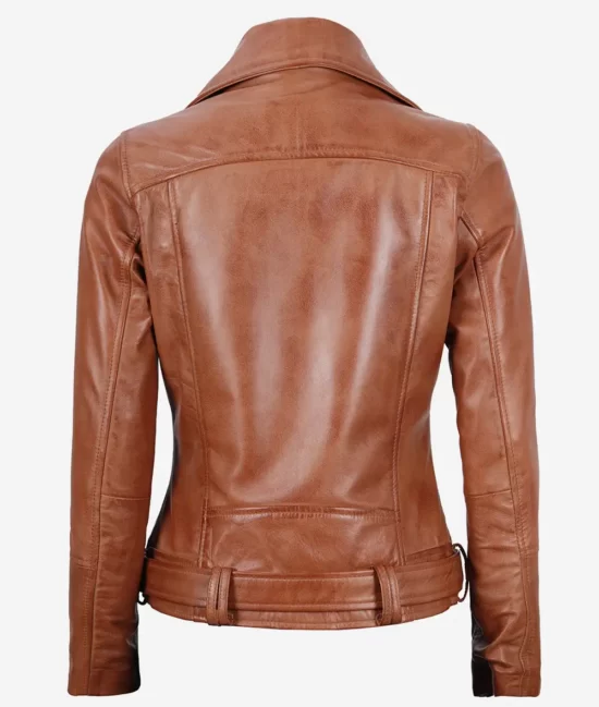 Elisa Women's Asymmetrical Brown Leather Motorcycle Jacket with Belted Waist Back