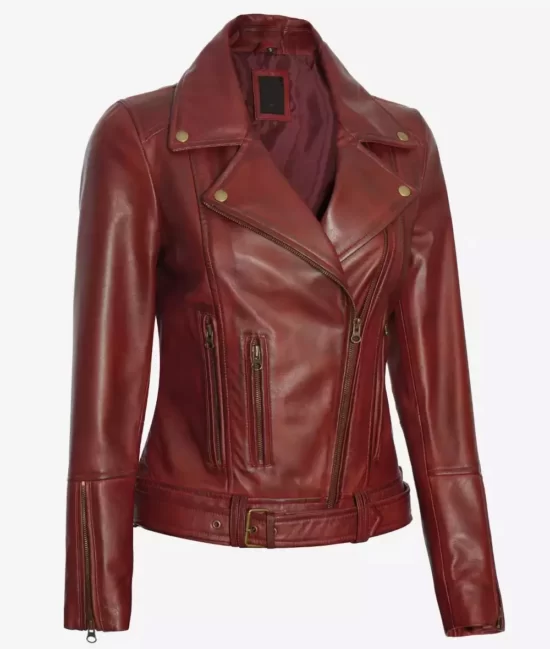 Elisa Women's Maroon Asymmetrical Full Genuine Leather Jacket