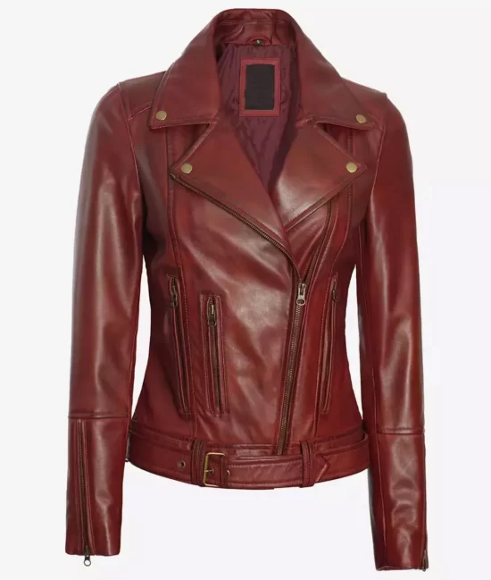 Elisa Women's Maroon Asymmetrical Motorcycle Full Genuine Leather Jacket