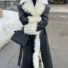 Elsa Hosk Shearling Black Leather Coat