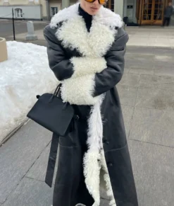 Elsa Hosk Shearling Black Leather Coat
