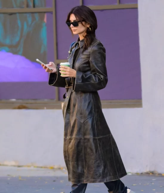 Emily Ratajkowski Brown Trench Real Leather Coat