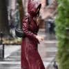 Emily Ratajkowski Hooded Burgundy Genuine Leather Coat
