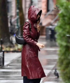 Emily Ratajkowski Hooded Burgundy Genuine Leather Coat