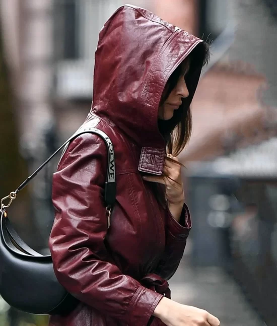 Emily Ratajkowski Hooded Burgundy Top Leather Coat