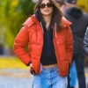 Emily Ratajkowski Orange Puffer Real Leather Jacket