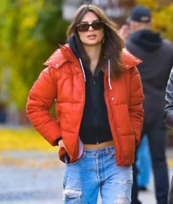 Emily Ratajkowski Orange Puffer Real Leather Jacket