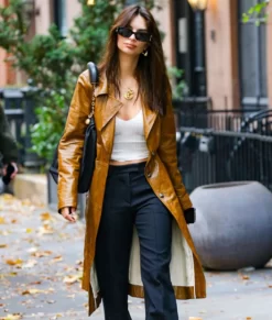 Emily Ratajkowski Street Style Brown Leather Coat