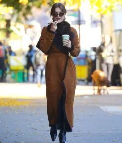 Emily Ratajkowski Street Style Genuine Brown Fur Coat