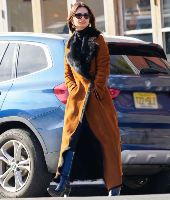 Emily Ratajkowski Street Style Premium Brown Fur Coat