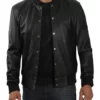 Eren Men’s Black Buttoned Genuine Leather Bomber Jacket