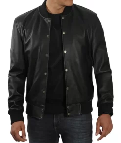 Eren Men’s Black Buttoned Genuine Leather Bomber Jacket