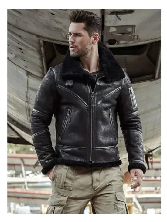 Eric Grey Black Triple Belted Cuffs Top Shearling Jacket