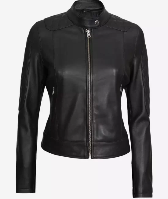 Erika Womens Black Quilted Biker Leather Jacket Front