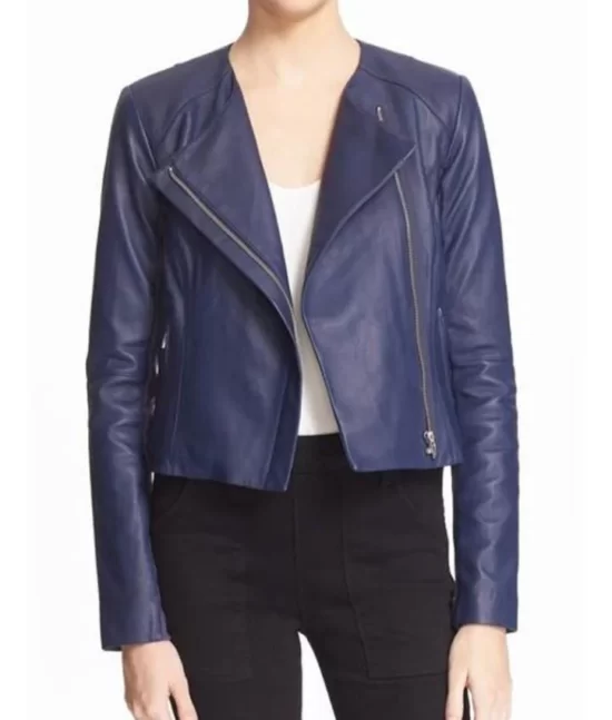 Felicity Smoak Blue Real Leather Zipper Jacket