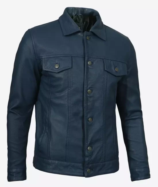 Fernando Men's Trucker Blue Washed Real Leather Jacket
