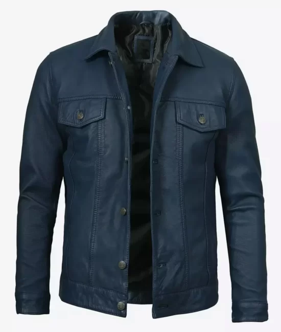Fernando Men's Trucker Blue Washed Top Grain Leather Jacket