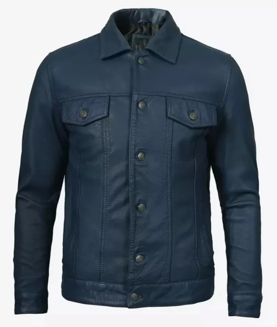 Fernando Men's Trucker Blue Washed Top Leather Jacket