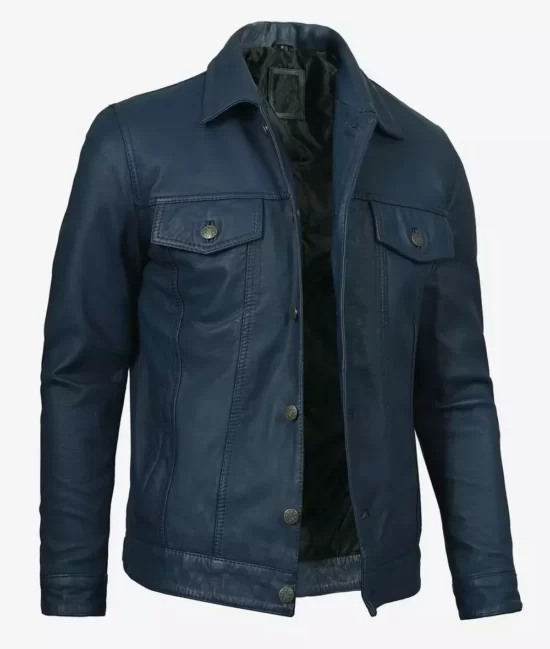 Fernando Trucker Blue Washed Top Grain Leather Jacket