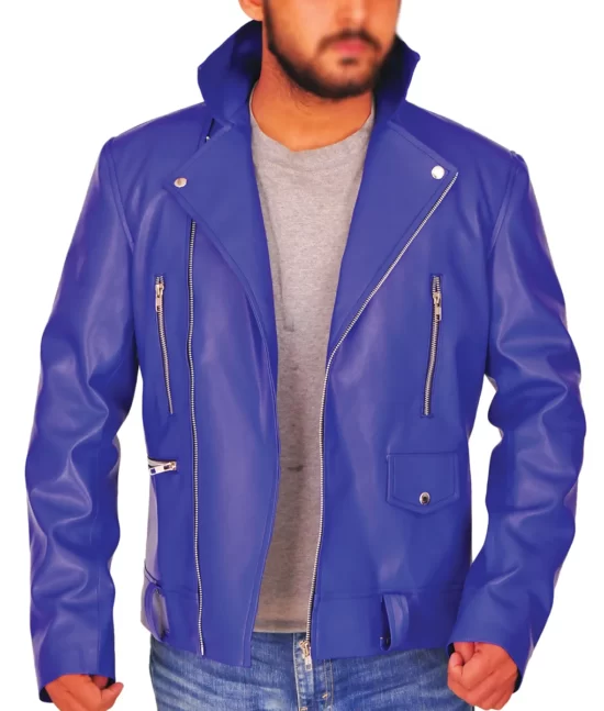 Finn Balor Genuine Leather Biker Jacket in Blue