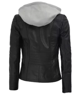 Gloria Womens Black Leather Jacket With Hood BAck