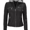 Gloria Womens Black Leather Jacket With Hood Front