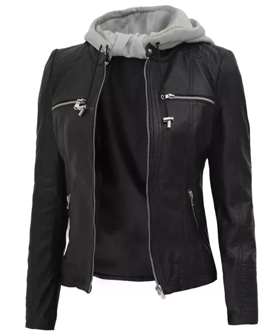 Gloria Womens Black Real Leather Jacket With Hood