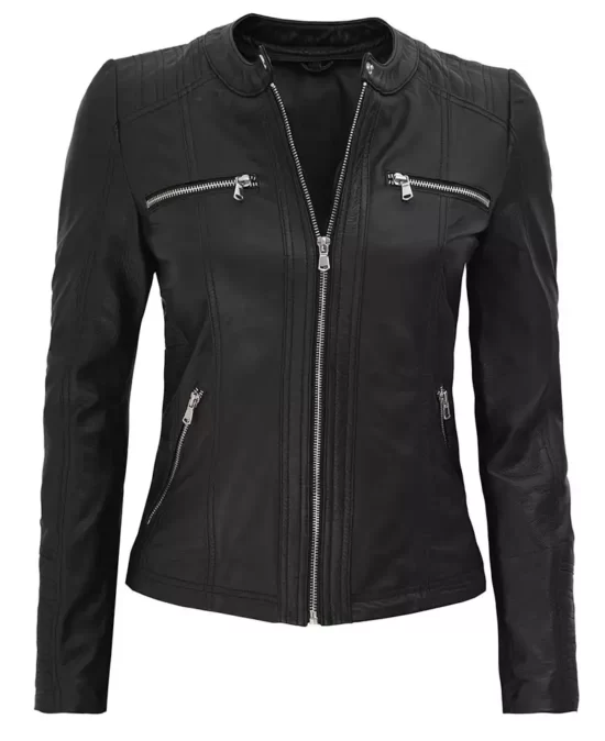 Gloria Womens Black Top Leather Jacket With Hood