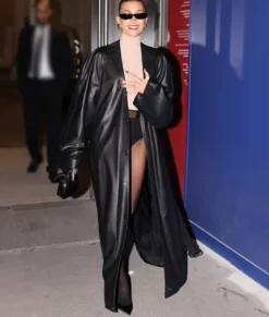 Hailey Bieber Black Leather Trench Real Leather Coat