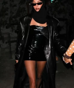Hailey Bieber Black Long Trench Pure Leather Coat