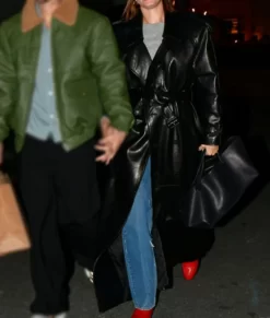 Hailey Bieber Black Trench Leather Coat