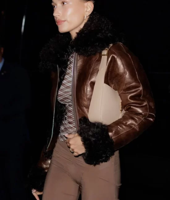 Hailey Bieber Brown Real Leather Jacket