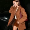 Hailey Bieber Brown Short Real Leather Coat