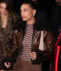 Hailey Bieber Brown Top Leather Jacket